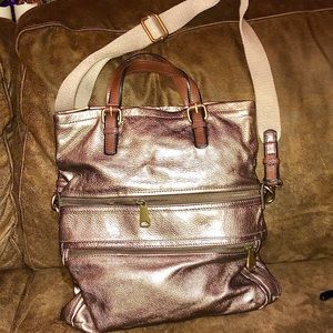 Fossil Metallic Brown Explorer Foldover Tote